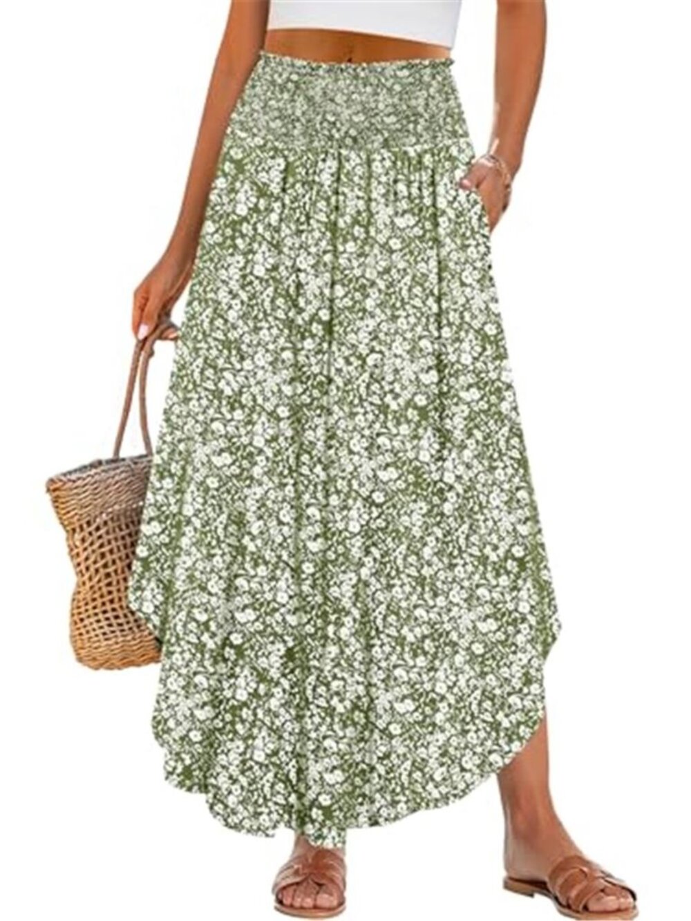 Women's Maxi Skirt Summer Boho Floral High Waisted Flowy Long Skirt with Pockets
